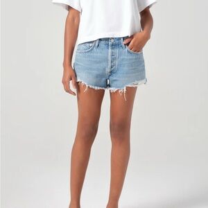 Agolde Blue Jean Shorts with Distressed Details
